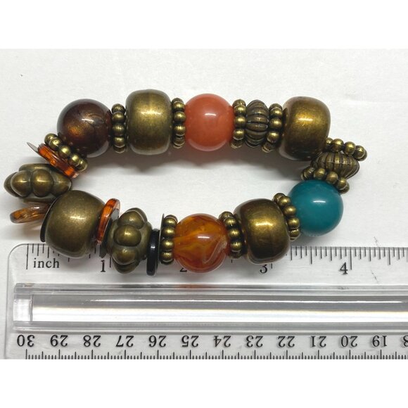 Chunky Beaded Bracelet Faux Stone Earth Tones Stretch Retro Boho Hippy - Picture 6 of 8